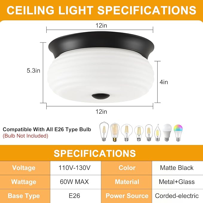 Black Flush Mount Ceiling Light Fixtures, 2-Light Ceiling Mount for Modern with Clear Milk Glass Shade, Industrial Flush Mount Light Fixture Farmhouse for Hallway Kitchen Bedroom Entryway Foyer