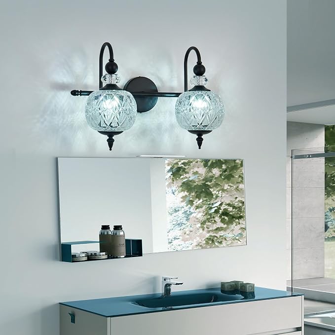 Piepooye Vintage Bathroom Light Fixtures Black Vanity Light with Glass Globe LampShade 2 Lights Mid Century G9 Bulb Wall Sconce Indoor Vanity Light Over Mirror for Kitchen Bedroom Farmhouse
