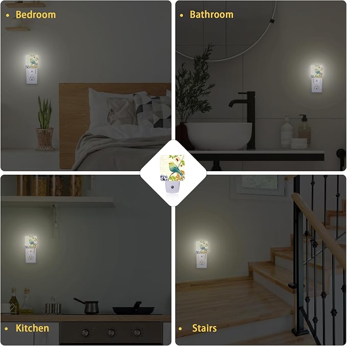Bird Flower Night Light, Vintage Watercolor Bird Flower Night Lights Plug Into Wall with Dusk To Dawn Sensor Wall Lamp, Nightlights For Bedroom, Bathroom, Hallway, Kitchen, Gifts Ideal For Girls Women
