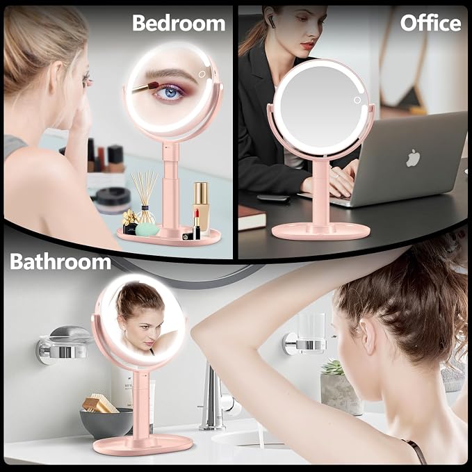 MIYADIVA Makeup Mirror with Lights, 30X Magnifying Mirror with Light and Touch Switch, Vanity Mirror with 3 Color Light and 80 LEDs, Height Adjustable Desk Mirror with Light, Pink