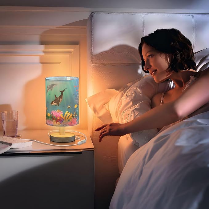 Table Lamp Cartoon Dolphin Killer Whale Sea Fish Coral Underwater in Ocean Nightstand Lamp with Wood Base Fabric Lamp Shade Bedside Desk Lamp for Living Room Bedroom Kids Room Office