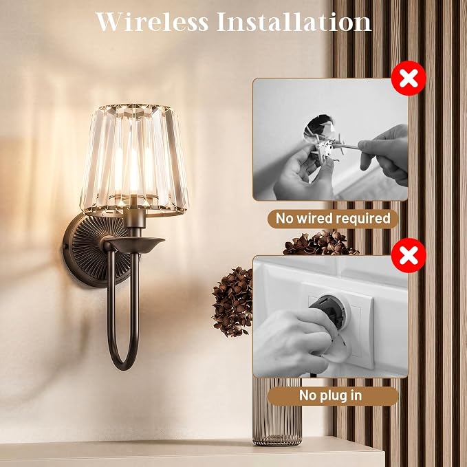 Black Battery Operated Wall Sconces Set of Two, Crystal Wireless Rechargeable Wall Lights with Remote, Dimmable 3 CCT and 12 RGB Cordless Wall Lamps for Bedroom Living Room Hallway Decor