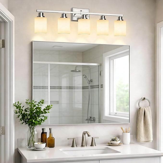 5-Light Bathroom Light Fixtures, Modern Brushed Nickel Vanity Light Over Mirror, Wall Sconces with Milky White Glass Shades for Living Room Bedroom Hallway E26 Base