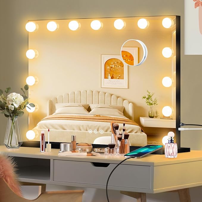 Moonee Black Vanity Mirror with Lights, Hollywood Lighted Makeup Mirror with 15 Dimmable Bulbs and 10X Magnification, 3 Colors Modes, Aluminum Metal Frame, Light Up Mirror for Tabletop/Wall(23" x 18")