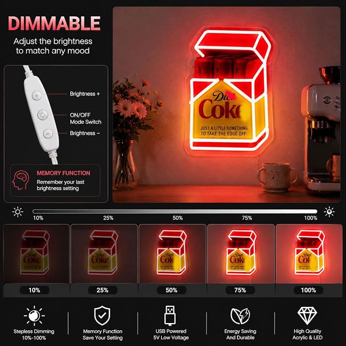 Vintage Fridge Cig Pack LED Neon Sign for Wall Decor, USB Powered Dimmable Neon Light, Retro Beverage Box Light for Home Bar, Man Cave, Garage, Game Room, Pub Decor