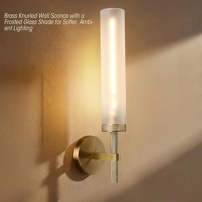 20" Knurled Brass Bathroom Wall Sconces,Frosted Glass Tube Brass Sconces Wall Lighting,Handmade Modern Hardwired Wall Sconce for Vanity,Mirror,Bedroom,Living Room,Hallway
