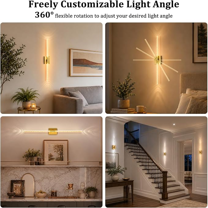 Crystal Bubble Gold Wall Sconces Set of 2, 31.5" Lamp Decor | 10000mAh Rechargeable, Wireless Lights with Remote & 360° Rotate, 4 Color Temps Dimmable, for Bedroom Living Room Mirror