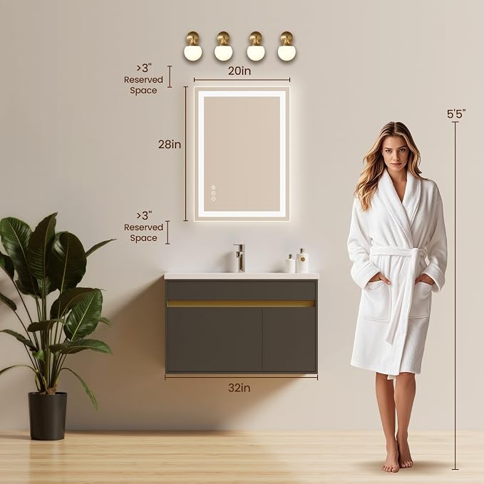 20x28 LED Bathroom Mirror with Anti-Fog, Backlit & Front Lit, Memory | Stepless Dimmable 3 Color CRI 95+ Shatterproof Tempered Glass ETL Listed for Safety Lighted Bathroom Vanity Mirror for Wall