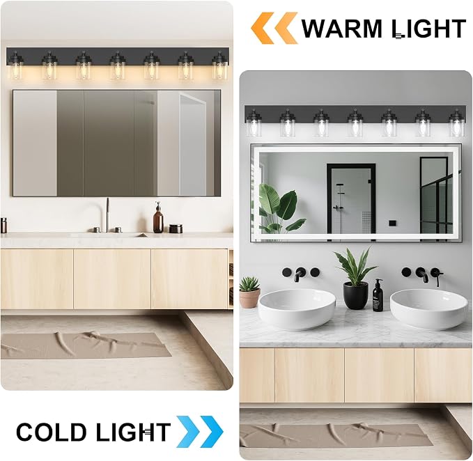 IZORRO Bathroom Vanity Light Fixture, 7-Light 52 inch Matte Black Bathroom Light Fixtures Over Mirror, with Clear Glass Shade, Modern Farmhouse Vanity Lights, Rustic Restroom Lighting Fixtures