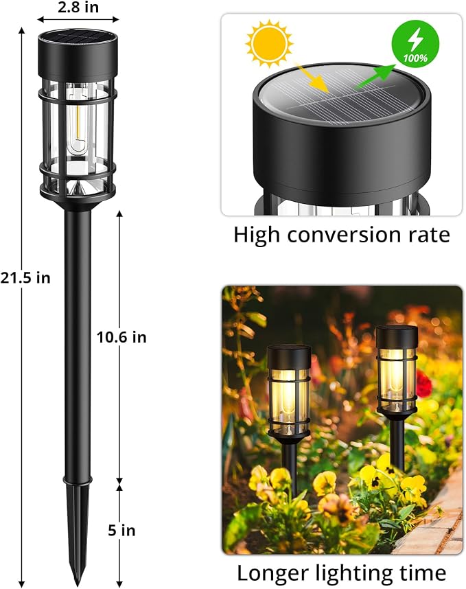 Solar Pathway Lights Outdoor 8 Pack Waterproof Solar Lights for Garden | 21" Metal Glass LED Bright 8-12Hours Long-Lasting Outdoor Solar Lights for Yard, Garden Path Landscape Driveway Walkway