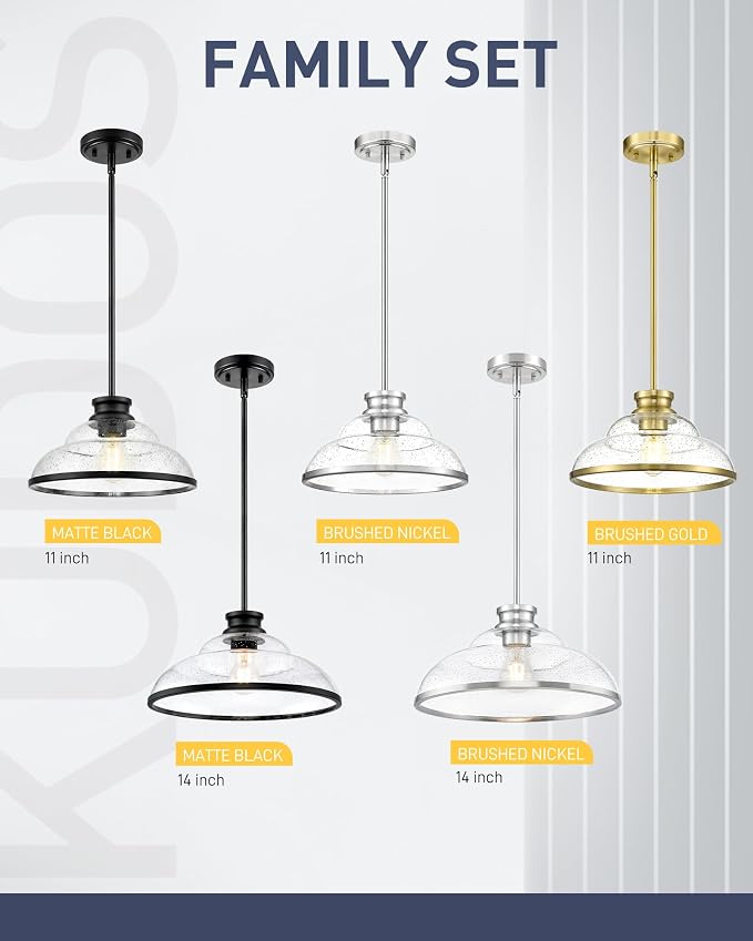 kudos 14" Black Seeded Glass Pendant Light Kitchen Island, KDPL14-BK-M | E26 Bulb Base, Hardwired, Farmhouse Styling, Adjustable Hanging Rods for Flat or Sloped Ceilings, for Kitchen Bars