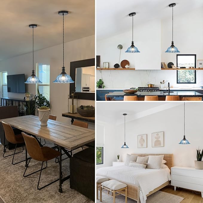 HDDFL Glass Pendant Lights Modern Pendant Lighting Fixtures Hanging Lamp for Kitchen Island Bedroom Dining Room Coffee Shop Hallway Blue and Black 2 Pack