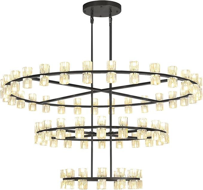3 Tier Black Large Wagon Wheel Chandelier, 124-Lights Farmhouse Pendant Light Fixture, Rustic Round Chandelier for Foyer Entryway Living Room (Dia 59"+40"+24")