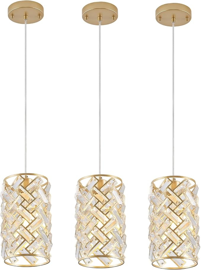 CATINER Modern Crystal Pendant Light Fixture 3-Pack Gold Finish Hanging Lighting Crystal Chandelier for Kitchen Island