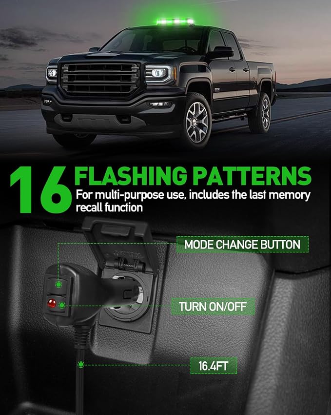 HLauto 406D Rooftop Emergency Strobe Lights Bar, 102 LED Green White Mini Beacon Safety Flashing Warning Traffic Lights Bar w/Magnetic Base for 12-24V Trucks, Construction Vehicles, Snowplow, Cars