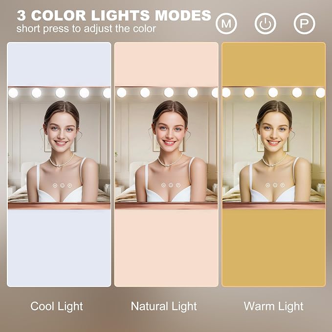 Ratsamee Rose Gold Hollywood Vanity Mirror with Lights, 15 Dimmable Bulbs, 3 Color Lights,Make Up Lighted Mirror, Aluminum Metal Frame, USB Charging Port(23" x 18")