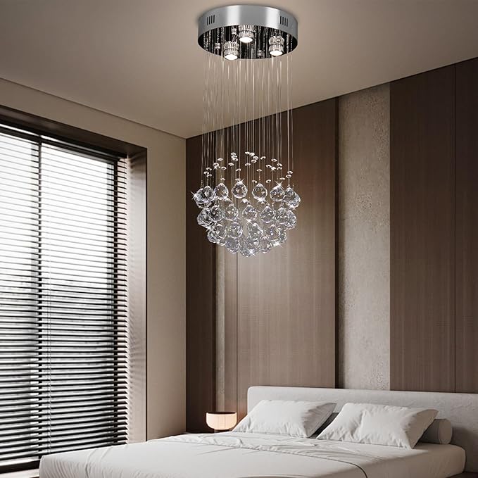 CLAIRDAI Modern Chandeliers Crystal Round Raindrop Chandelier Lighting Flush Mount Ceiling Light Fixture Crystal Raindrop Pendant Light for Living Entryway Room Dining Room,3*GU10 Bulbs