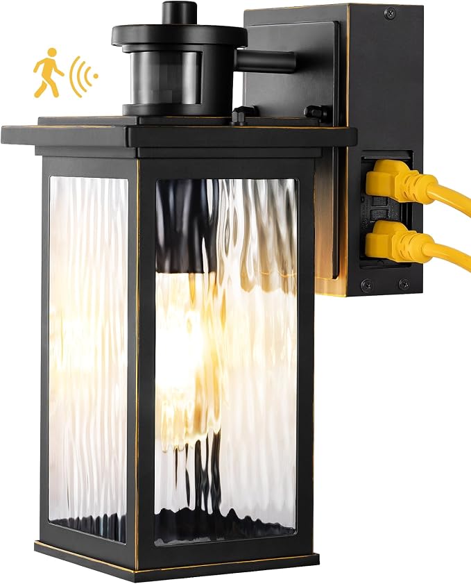 EDISHINE Outdoor Wall Lights with GFCI Outlet, Motion Sensor Dusk to Dawn | Water Ripple Glass, 3 Modes, E26 Base, 140° Angle & 33FT Range, Waterproof Wall Sconce for Porch Front Door Garage Patio