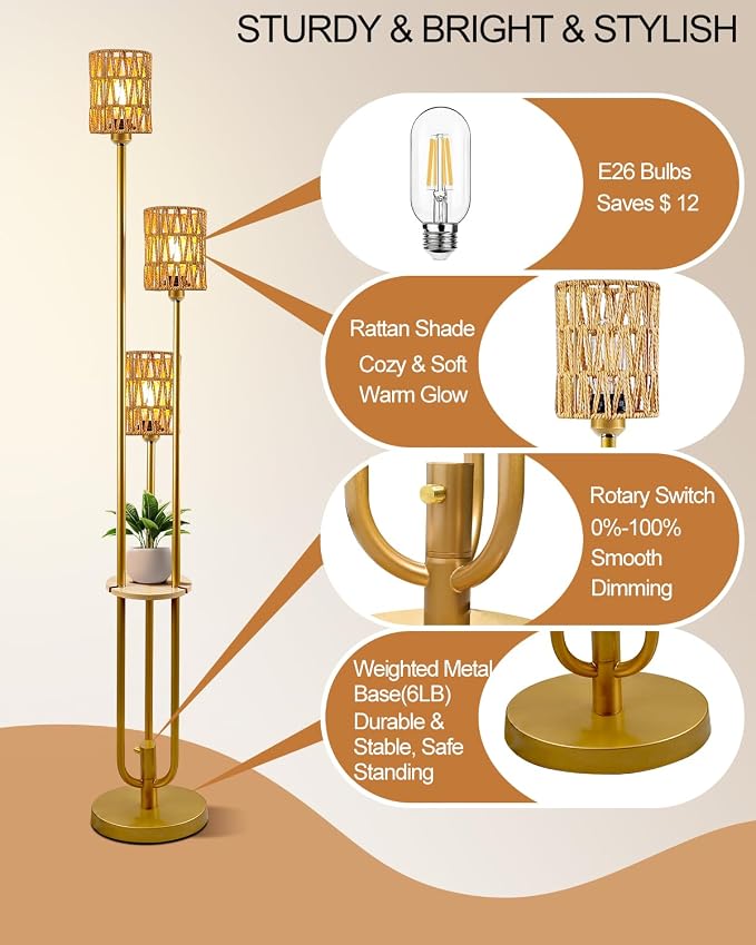 Lightdot Dimmable Boho Floor Lamps with 5Lbs Heavy Base for Living Room, 3-Lights Rattan Floor Lamp with Shelves Rustic Gold Standing Lamp with Warmwhite Bulbs Included for Sofa Beside/Corner Decor