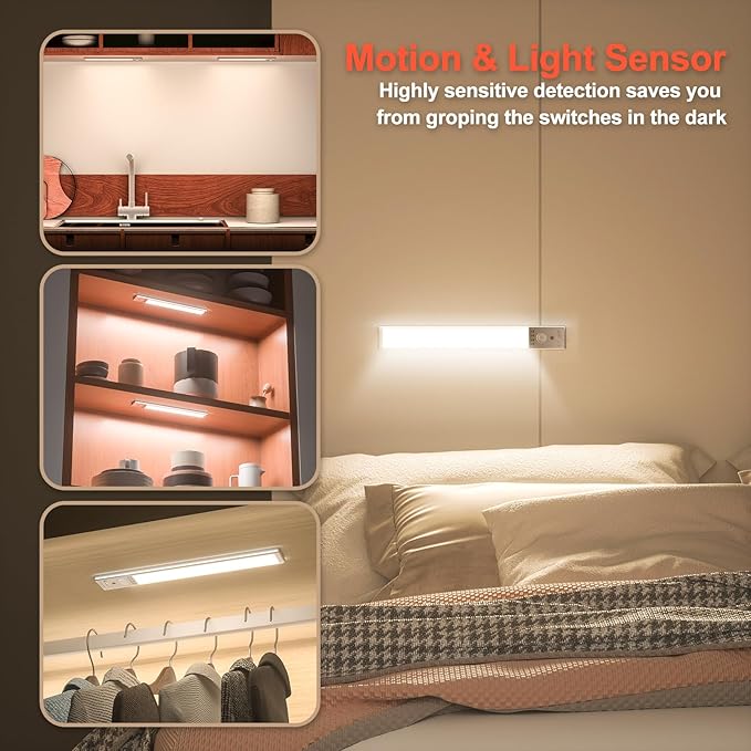 Under Cabinet Lighting, 6Pack Motion Sensor Light Indoor with 3 Color Temps, Rechargeable Under Counter Lights for Kitchen,Dimmable Closet Lights Battery Operated, 88 LED Motion Sensor Light Indoor