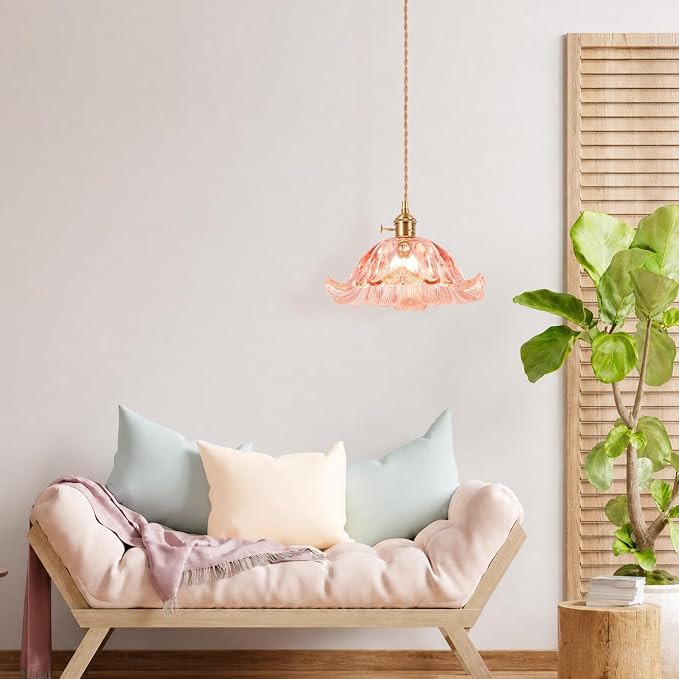 Plug in Pendant Light Fixtures,Hanging Light Fixture Corded On/Off Switch,11 inch E26 Pink Glass Lampshade Pendant Lighting for Kitchen Island, Bedroom, Dining Room