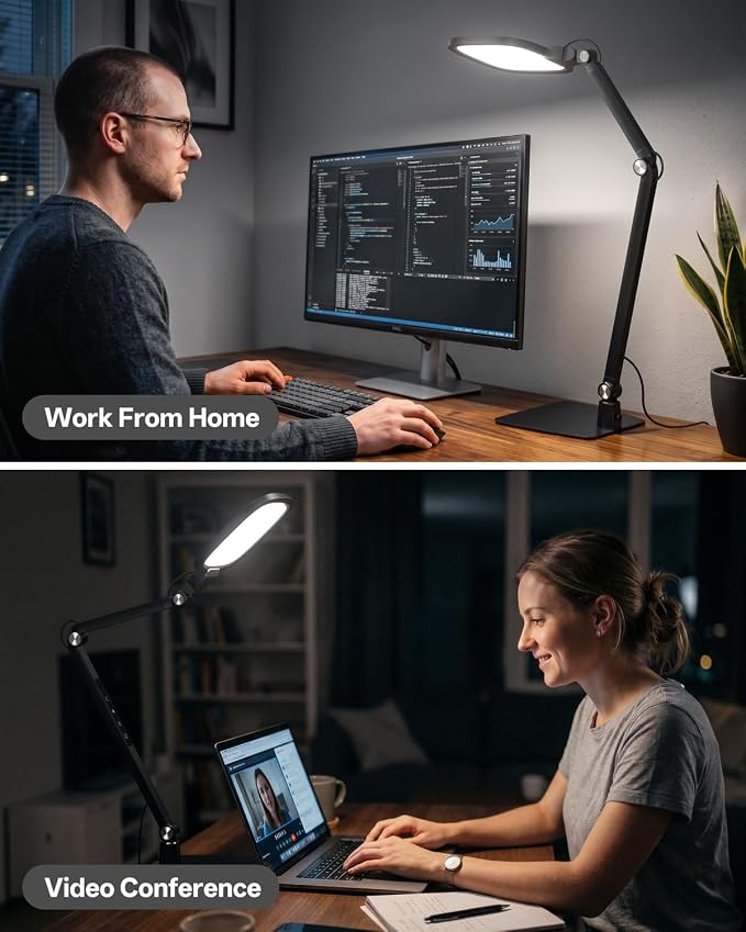 Led Desk Lamp for Office Home, Reading, Crafts & Zoom Swing Arm Task Lights | 1200lm Eye-Caring Light for Computer Monitor, Dimmable 5 Color & Brightness, 30/60 Min Timer, Memory Function, Touch & Remote