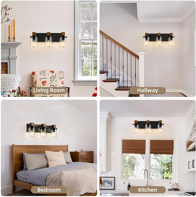 3-Light Farmhouse Bathroom Light Fixtures, Black Bathroom Vanity Light Fixtures Over Mirror, Rustic Sconces Wall Lighting with Clear Glass Shades for Living Room, Bedroom, Hallway