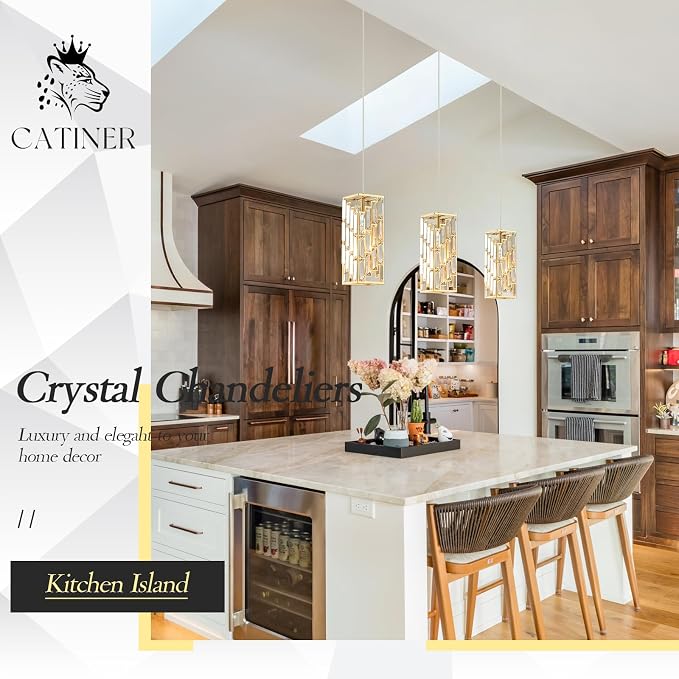 Gold Crystal Pendant Light 3-Pack, Mini Kitchen Island Hanging Lights, E26 | Gold crystal pendant lights 3-pack with adjustable 70.8" cords, E26 base, dimmable, perfect for kitchen island lighting