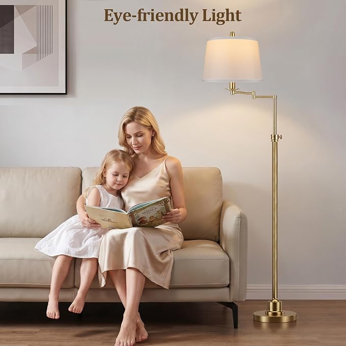 Vintage Floor Lamp for living room, Brushed Antique Brass Farmhouse Standing Lamp with 350° Swivel Swing Arm, 56.6''-66'' Mid Century Modern Height Adjustable Tall Lamp for Bedroom (LED Bulb Included)