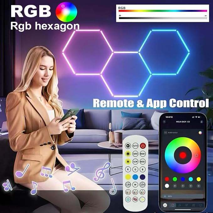 25Pack RGB Hexagon led Garage Lights,5 Hexagon Light with Multi Color,Dimmable&Speed Adjustable RGB Hex Wall Lights,DIY Design for Remote Control & Smart App Control Music Modes