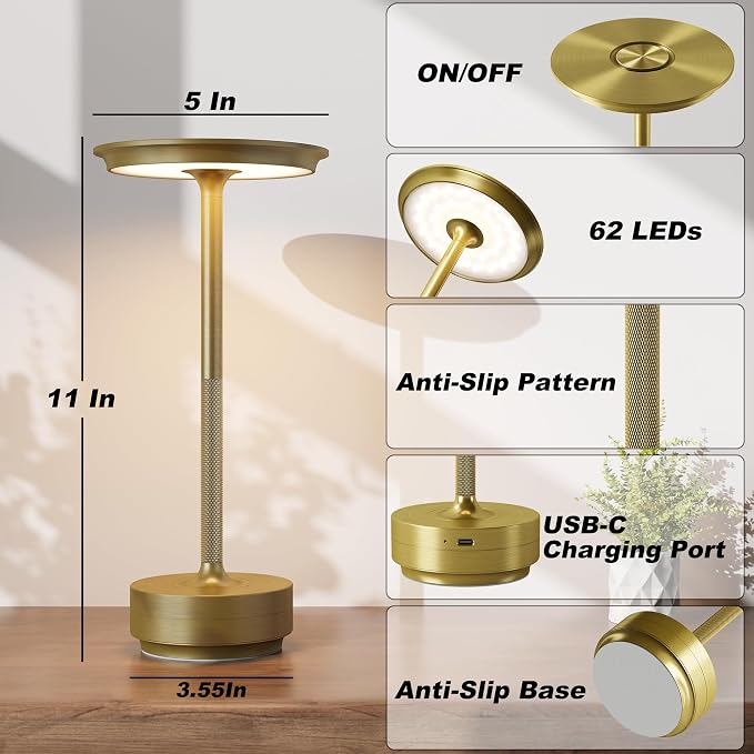 TBBGA 1 Pack Rechargeable Cordless Table Lamp, 5000mAh Battery Table Light | 3 Color Stepless Dimming Portable LED Table Light with Memory Function, for Outdoor/Dinner/Patio/Restaurant.(Gold)