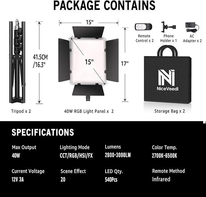NiceVeedi 40W RGB Photography Lighting with 20 Effects, 360° Full Color/2700-6500K Studio Lights with Remote & Display, Lighting for Video Recording/Photography/Streaming/YouTube/TikTok/Content Creat