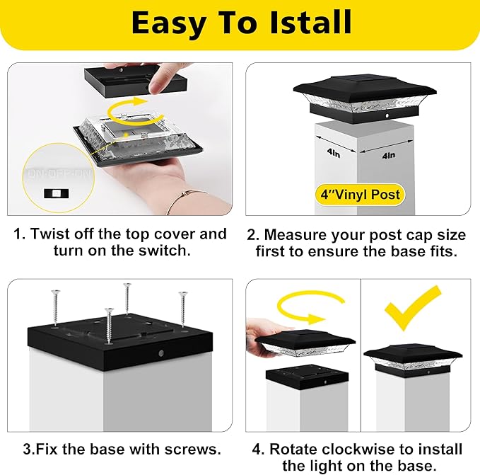 T-SUN 4x4 Solar Post Cap Lights Outdoor 12 Pack, Warm White LED Fence Post Solar Lights Fit for 4x4 Vinyl Posts, Waterproof Deck Light Solar Powered for Garden Patio Gate Porch