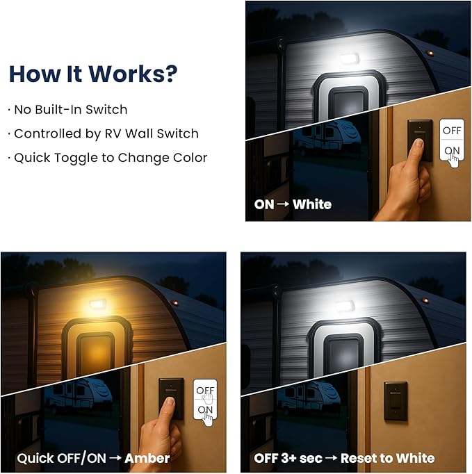 RV LED Porch Light, Exterior Outside Lighting for Camper Trailer | Aluminum Housing, Dual Color White Amber, 1400 LM High Brightness, IP67 Waterproof, Works with RV's Interior Switch- Black