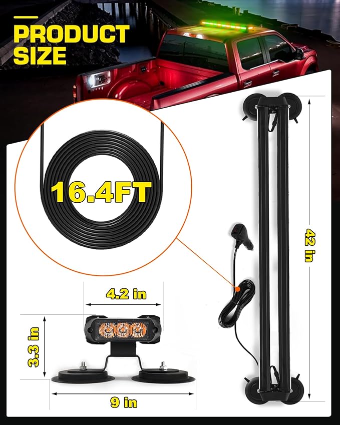 42" Emergency Flashing Strobe Lights Bar with 28 Strong Magnets Double Side Traffic Advisor 206 LED Warning Snow Plow Light for Trucks Vehicles Tow Pickup, Amber/Green