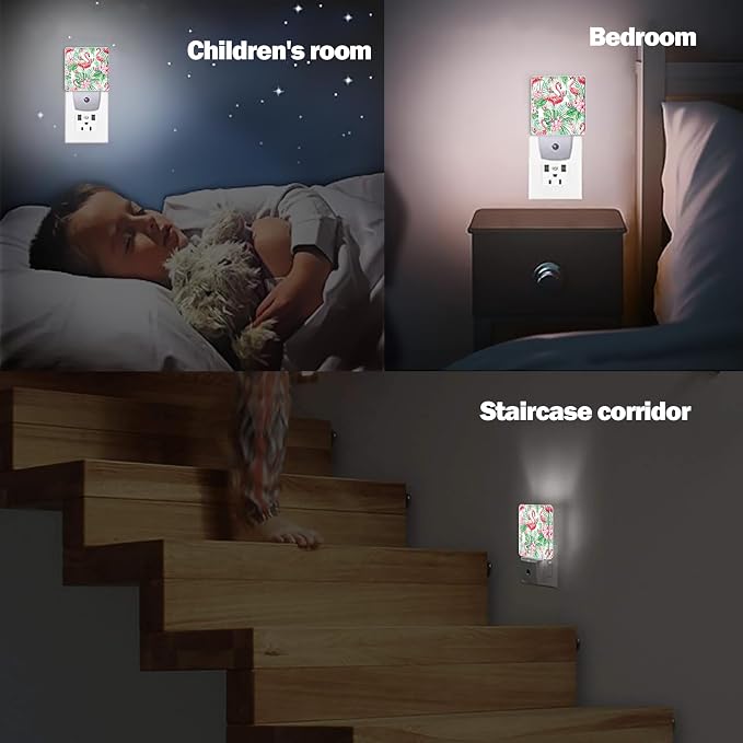 Tropical Floral Flamingo Dusk to Dawn Night Light, Auto Sensor Lamp Home Indoor Stairway Kitchen Corridor, Night Lights Plug into Wall Decor, Boys Girls Women Men Room Gifts