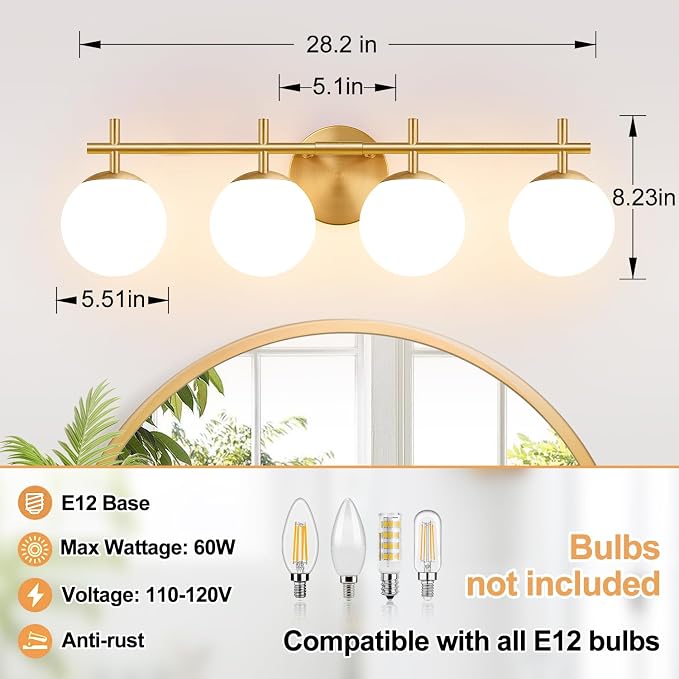 MOKATNG 4-Light Bathroom Light Fixtures, Brushed Gold Vanity Lights for Bathroom with Milky White Glass Shade, Bathroom Lighting Fixtures Over Mirror, Wall Sconce for Bedroom (Bulb Not Included)