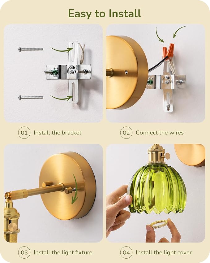 EDISHINE Vintage Brass Wall Sconces with Adjustable Green Tulip Glass Shade | Hardwired, 180° & 270° Adjustable, Rotary Switch, Vintage & Modern, E26, Ideal for Bathroom, Bedroom, Hallway
