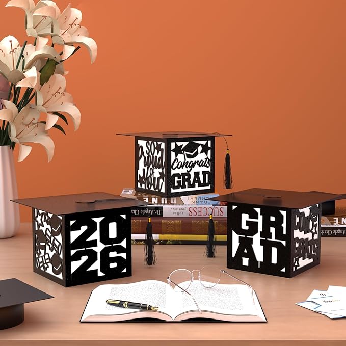 6 Pcs Graduation Table Centerpieces Boxes Class of 2026 Black Square Graduation Paper Lanterns with String Lights Hollow Out for Congrats Grad School College Table Decorations Grad Party Photo Props