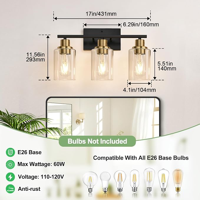 Indoi 3-Light Bathroom Light Fixtures, Black and Gold Modern Vanity Lights with Clear Glass Shades, Bathroom Wall Lamp for Mirror Living Room Cabinet Bedroom Porch