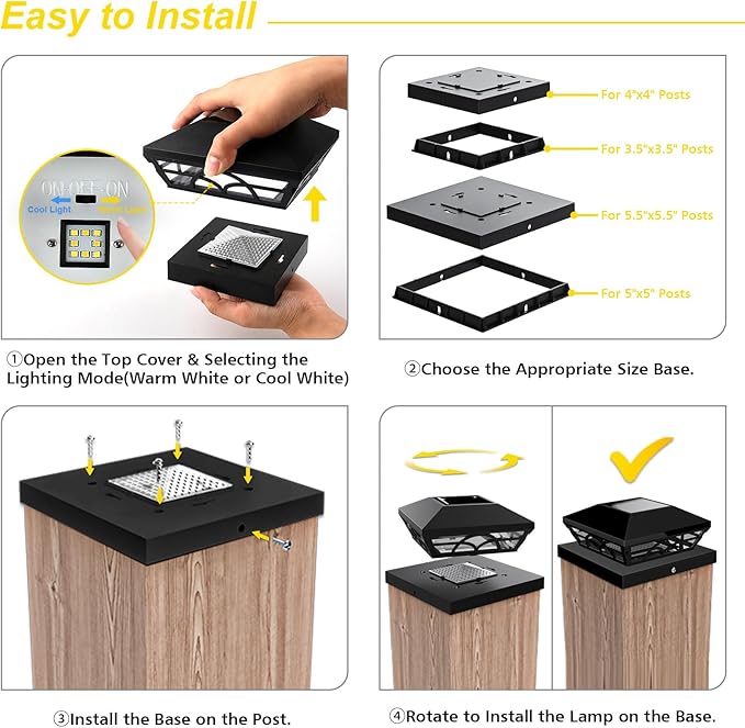 T-SUN Solar Post Cap Lights 6 Pack – Outdoor Waterproof Fence Lights for 3.5x3.5 4x4 5x5 5.5x5.5 Wood/Vinyl Posts, 2 Modes Warm White/White, Solar Deck Light for Patio, Garden, Porch (Black)