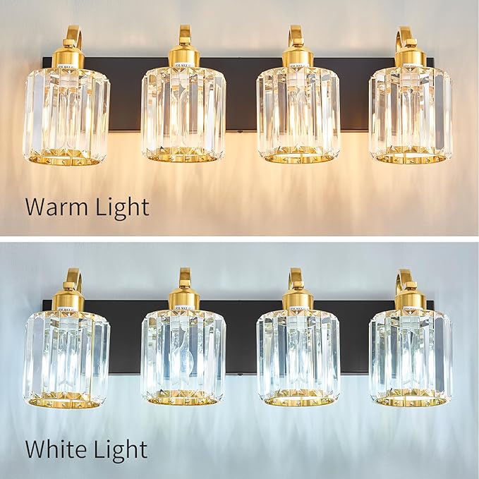 Crystal Vanity Lights for Bathroom, 4 Light Bathroom Vanity Light, Modern Matte Black and Gold Wall Lighting Fixtures with Crystal Round Shade (Exclude Bulb)