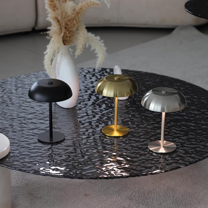 2 Pack Cordless Mushroom Table Lamp, Rechargeable, Dimmable 3 Color, Silver | Small, 8.46in, Portable, Easy to Assemble, Metal Structure, Rechargeable, Suitable for Bedroom, Café, and Bar Counter