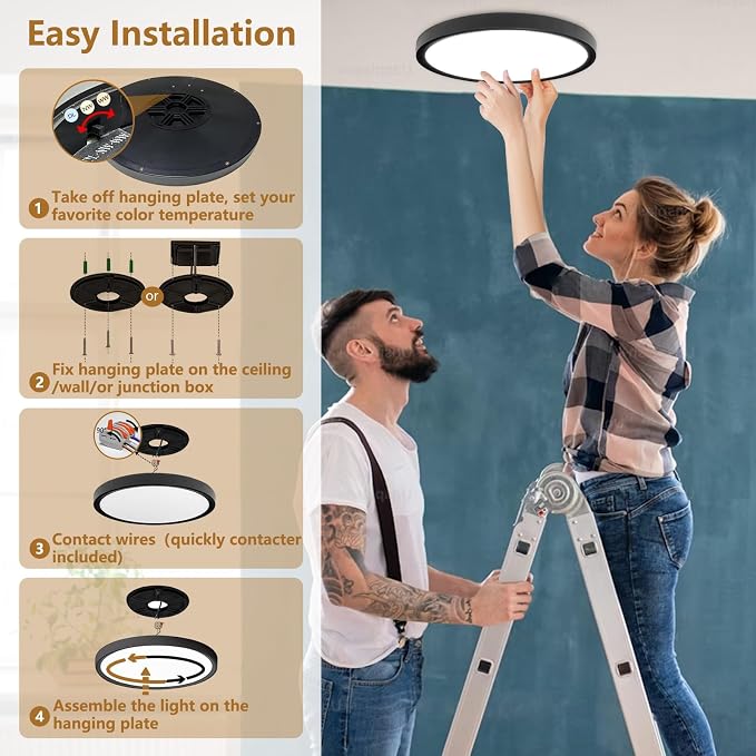 6PK 9 Inch LED Flush Mount Ceiling Light, 18W, 1860LM, 3000K/4000K/6000K CCT Selectable,Super Slim LED Ceiling Light Fixtures, Low Profile Round Flat Panel Light for Bedroom,Kitchen,Hallway,Black