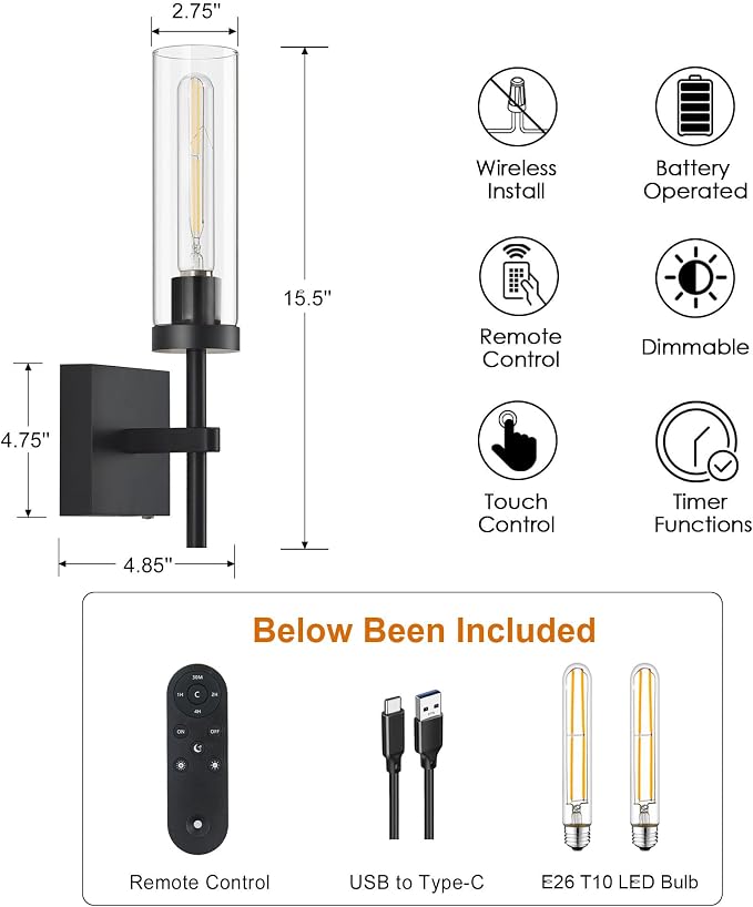 Black Wireless Wall Sconces with Remote Control, Battery Operated Wall Sconce Set of 2, Rechargeable Dimmable Wall Lights for Bedroom Living Room Bathroom Hallway Entryway Stairwell, 3000K