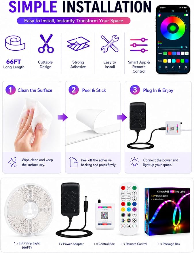 MFWW 66FT Strip Lights, Smart IC RGB LED Lights Multiple Colors on One Line, App+Remote Control, Timing, Multimodal, Music Sync, Color Changing Lights for Bedroom, Party Home Decor