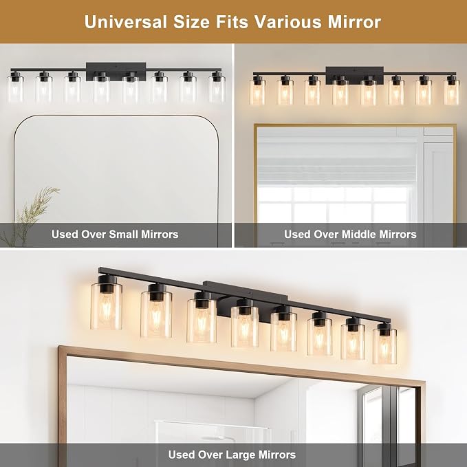 IZORRO Modern Bathroom Light Fixtures, 8 Light Black Vanity Lights, Bathroom Lighting Fixtures Over Mirror with Clear Glass for Living Room Cabinet Bedroom