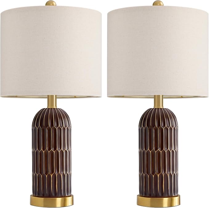 22.5" Bedside Table Lamps Set of 2, Farmhouse Table Lamp with USB A+C Charging Ports, Vintage Nightstand Lamp for Bedrooms and Living Rooms, Mid Century Modern End Table Lamp, Brown and Gold