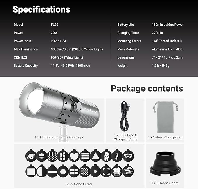 NEEWER BASICS 20W RGB Photography Flashlight with 4 Colors/20 Gobo Filters, Built in 49.95Wh Battery, 6300K CRI95+ Portable LED Spotlight Ambient Sunset Light for Video Recording Studio Lighting, FL20