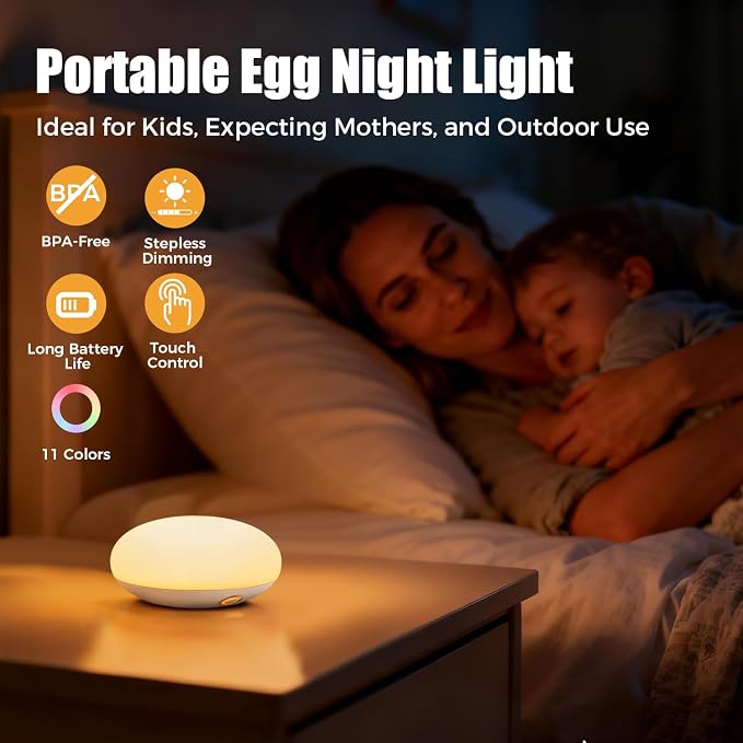 Portable Night Light for Nursery - Baby Night Lamp for Breastfeeding, Soft Silicone Touch Lamp, Egg Light for Kids, with 11 Colors Changing & Eye Caring, Stepless Dimming